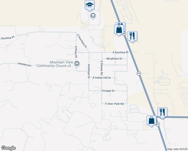 map of restaurants, bars, coffee shops, grocery stores, and more near 12130 East Indian Hill Drive in Dewey-Humboldt