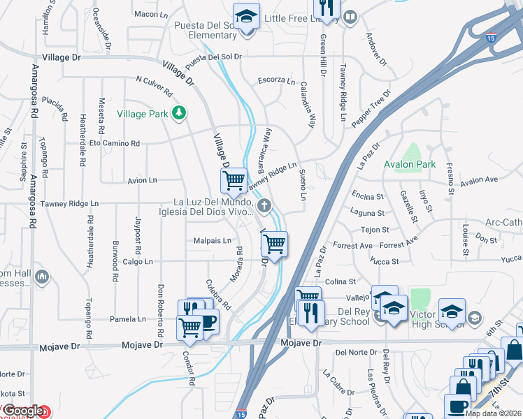 map of restaurants, bars, coffee shops, grocery stores, and more near 15663 Village Drive in Victorville
