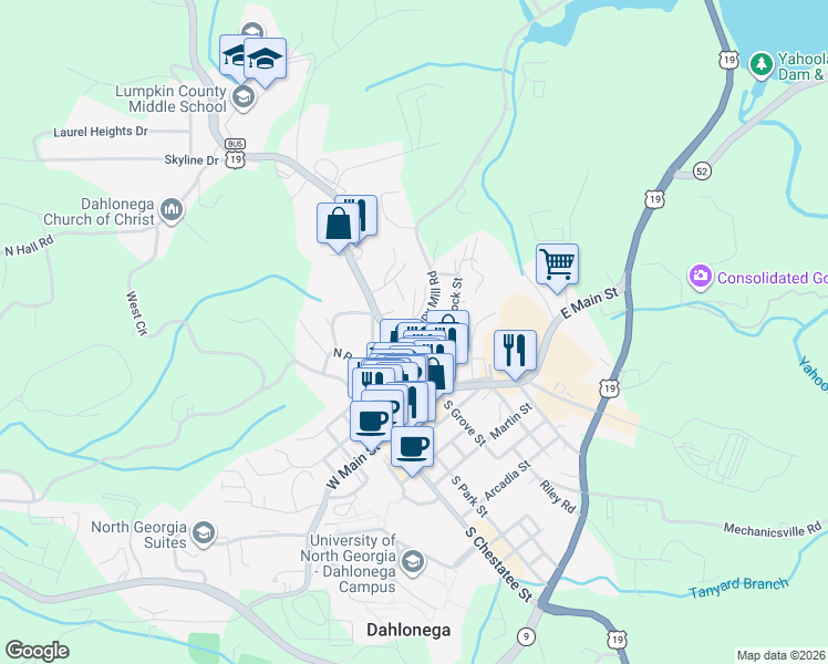 map of restaurants, bars, coffee shops, grocery stores, and more near 0 Wimpy Mill Road in Dahlonega