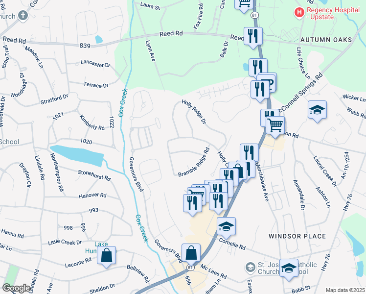map of restaurants, bars, coffee shops, grocery stores, and more near 303 Holly Creek Drive in Anderson