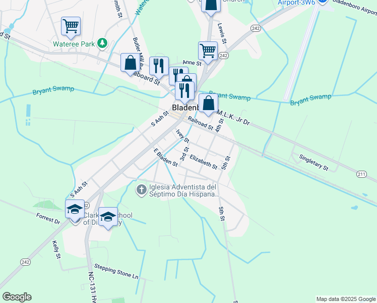map of restaurants, bars, coffee shops, grocery stores, and more near 3rd Street in Bladenboro