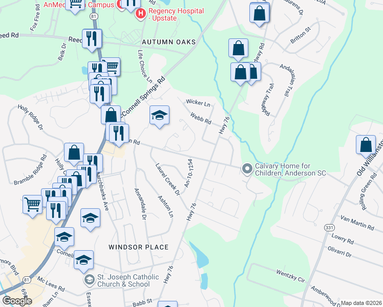 map of restaurants, bars, coffee shops, grocery stores, and more near 319 Simpson Road in Anderson