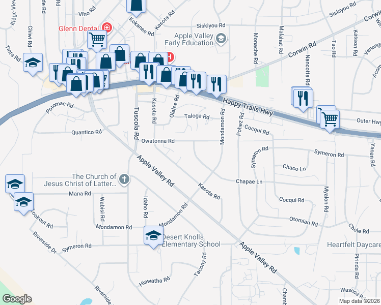 map of restaurants, bars, coffee shops, grocery stores, and more near 18361 Chapae Lane in Apple Valley