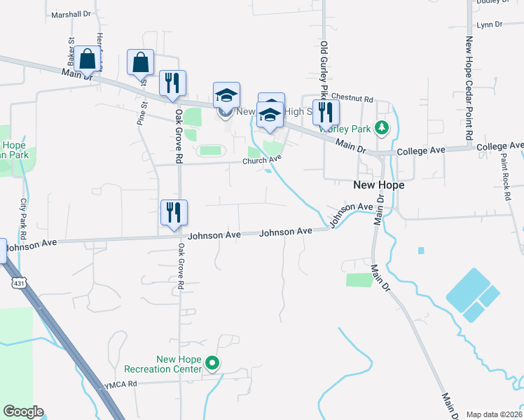 map of restaurants, bars, coffee shops, grocery stores, and more near 1205 Johnson Avenue in New Hope