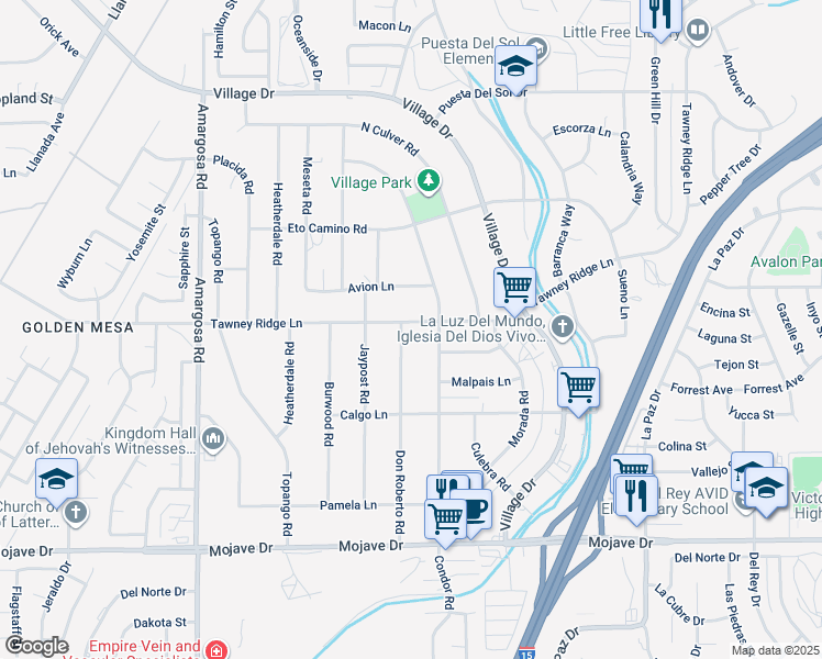 map of restaurants, bars, coffee shops, grocery stores, and more near 15685 Don Roberto Road in Victorville