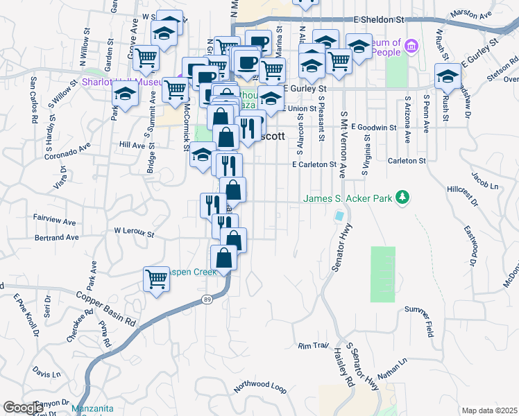 map of restaurants, bars, coffee shops, grocery stores, and more near 401 South Cortez Street in Prescott