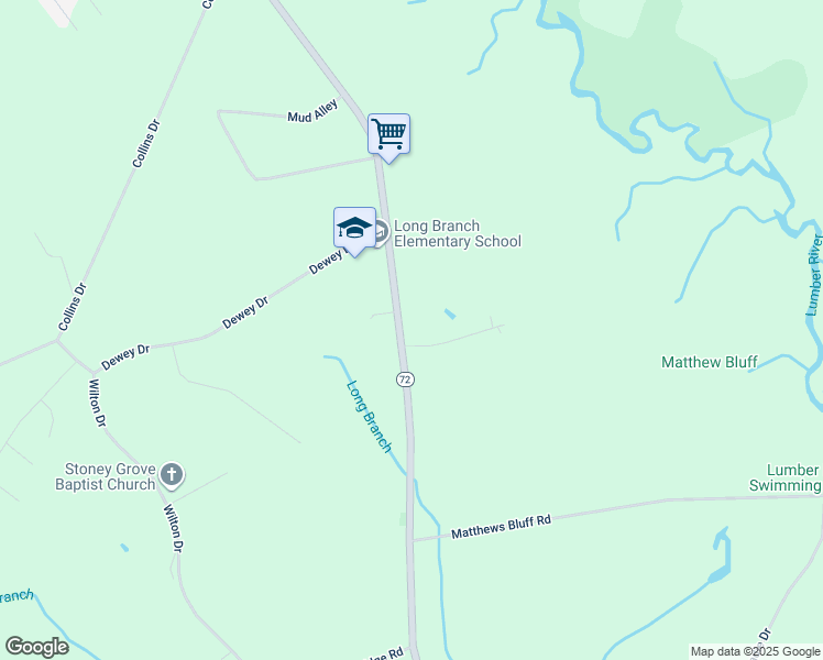 map of restaurants, bars, coffee shops, grocery stores, and more near 10415 North Carolina Highway 72 in Lumberton