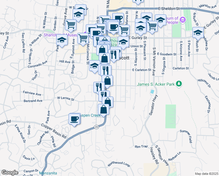 map of restaurants, bars, coffee shops, grocery stores, and more near 401 South Montezuma Street in Prescott