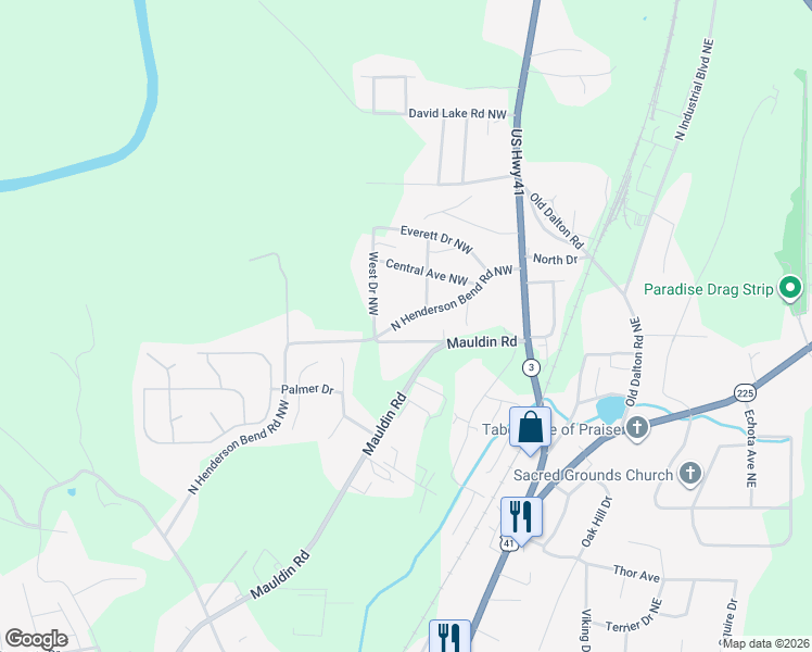 map of restaurants, bars, coffee shops, grocery stores, and more near 250 North Henderson Bend Road Northwest in Calhoun