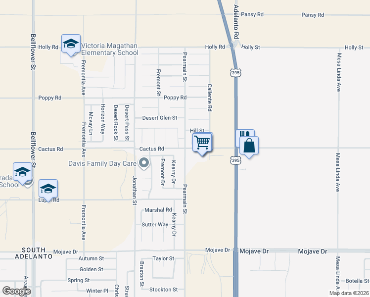 map of restaurants, bars, coffee shops, grocery stores, and more near 30000 Pearmain Street in Adelanto