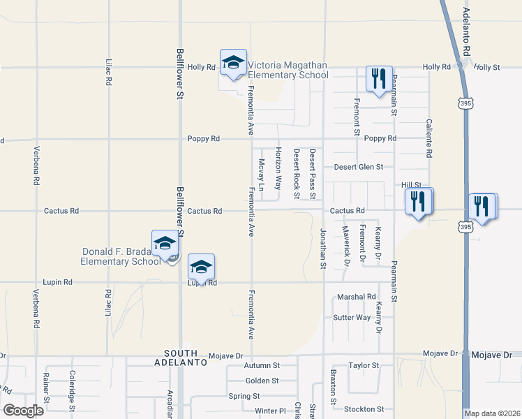 map of restaurants, bars, coffee shops, grocery stores, and more near 11525 Cactus Road in Adelanto