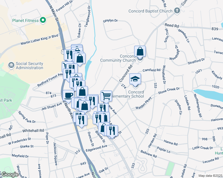 map of restaurants, bars, coffee shops, grocery stores, and more near 403 Concord Road in Anderson