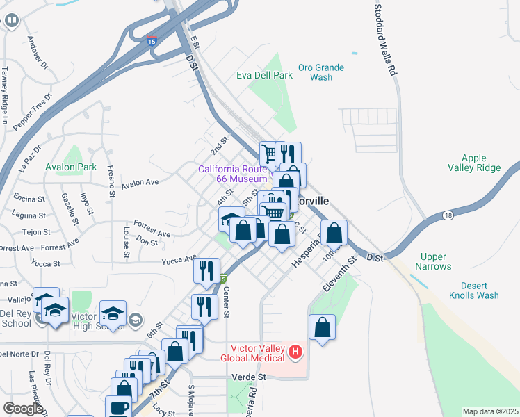 map of restaurants, bars, coffee shops, grocery stores, and more near 15578 6th Street in Victorville