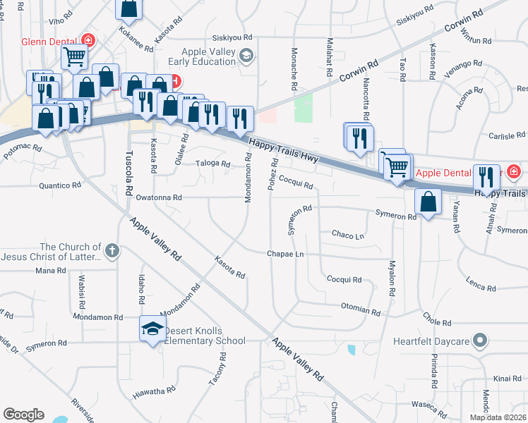 map of restaurants, bars, coffee shops, grocery stores, and more near 15655 Pohez Road in Apple Valley