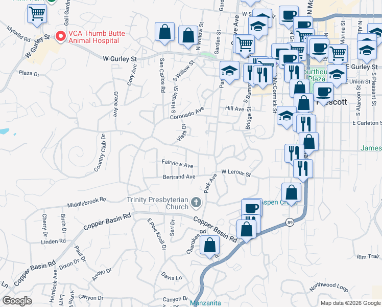 map of restaurants, bars, coffee shops, grocery stores, and more near 801 Country Club Drive in Prescott