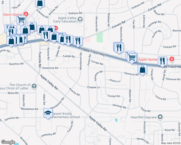 map of restaurants, bars, coffee shops, grocery stores, and more near 15655 Pohez Road in Apple Valley