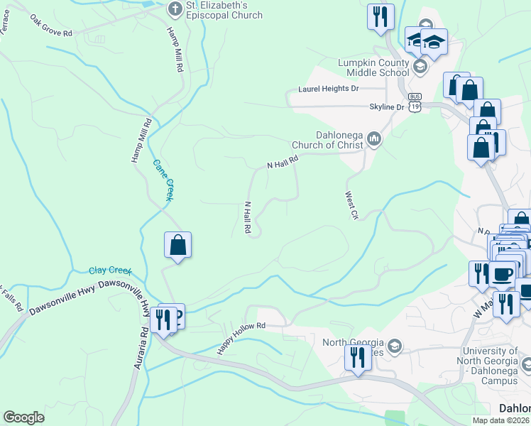 map of restaurants, bars, coffee shops, grocery stores, and more near 273 Housley Drive in Dahlonega