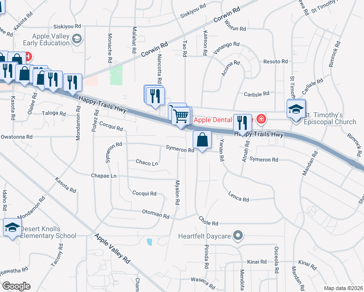 map of restaurants, bars, coffee shops, grocery stores, and more near 18890 Symeron Road in Apple Valley
