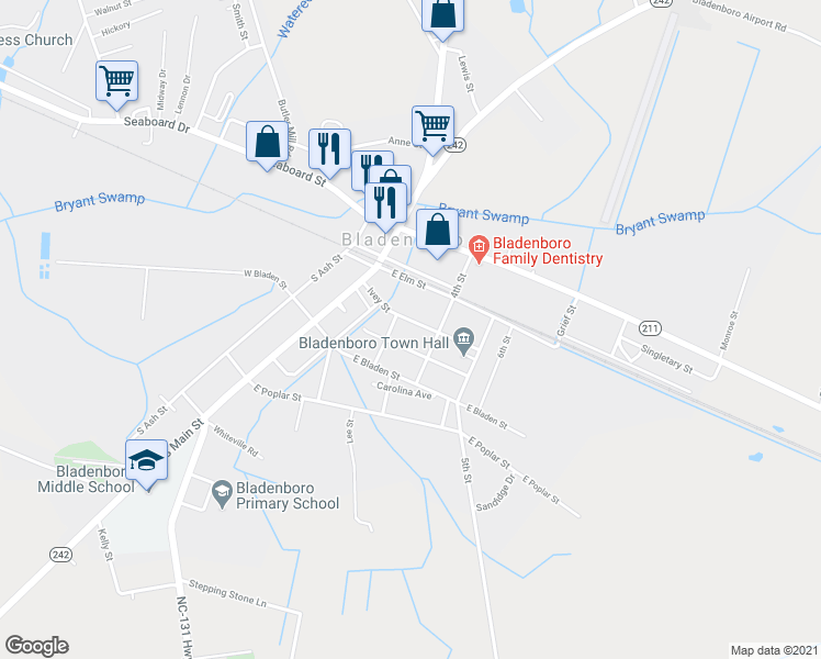 map of restaurants, bars, coffee shops, grocery stores, and more near 307 Ivey Street in Bladenboro