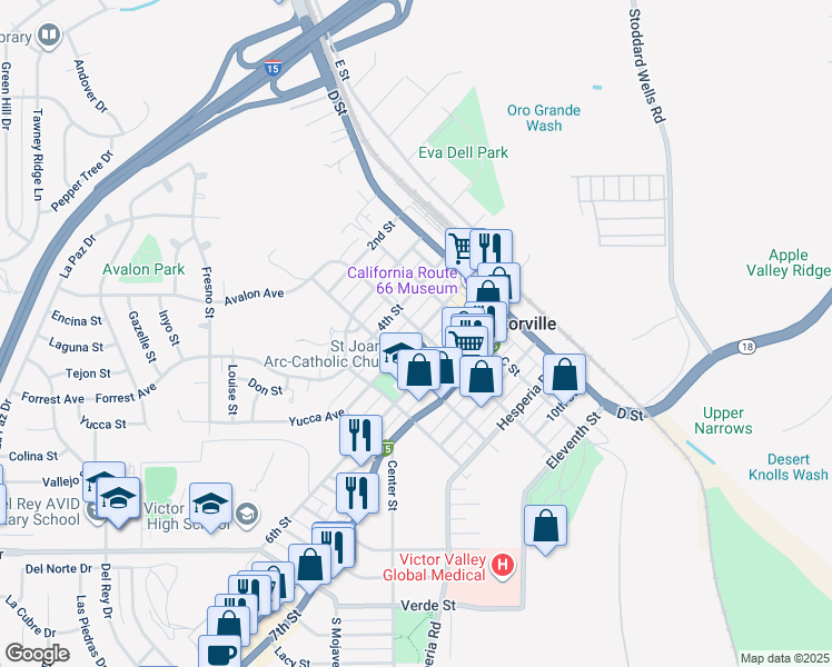 map of restaurants, bars, coffee shops, grocery stores, and more near 15543 5th Street in Victorville