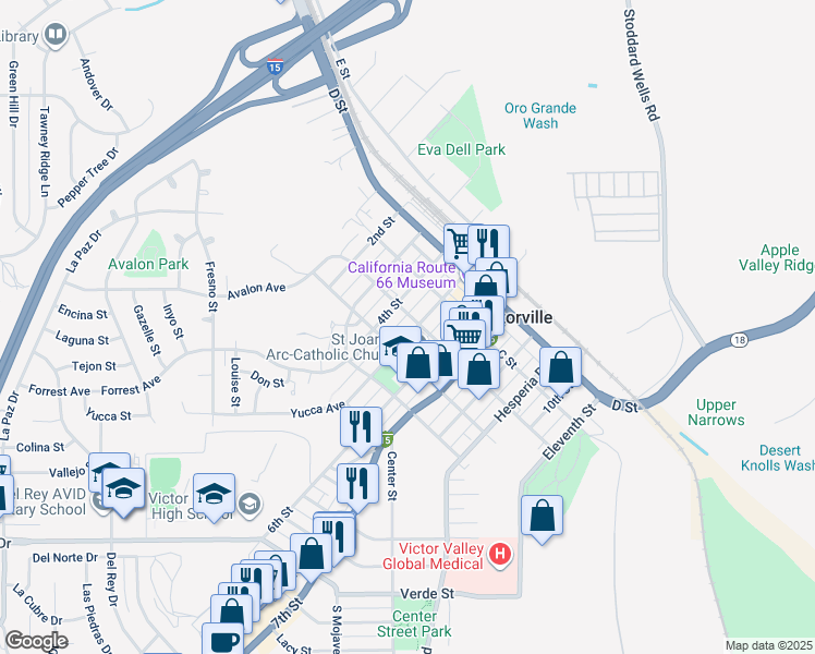map of restaurants, bars, coffee shops, grocery stores, and more near 15538 5th Street in Victorville