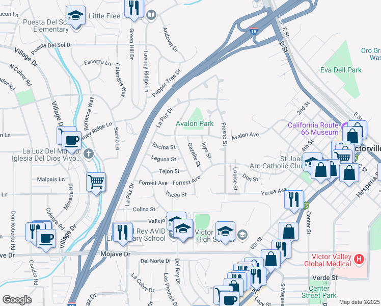 map of restaurants, bars, coffee shops, grocery stores, and more near 15684 Gazelle Street in Victorville
