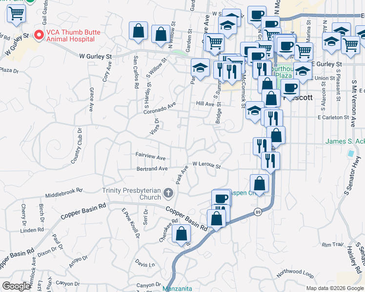 map of restaurants, bars, coffee shops, grocery stores, and more near 620 Country Club Drive in Prescott