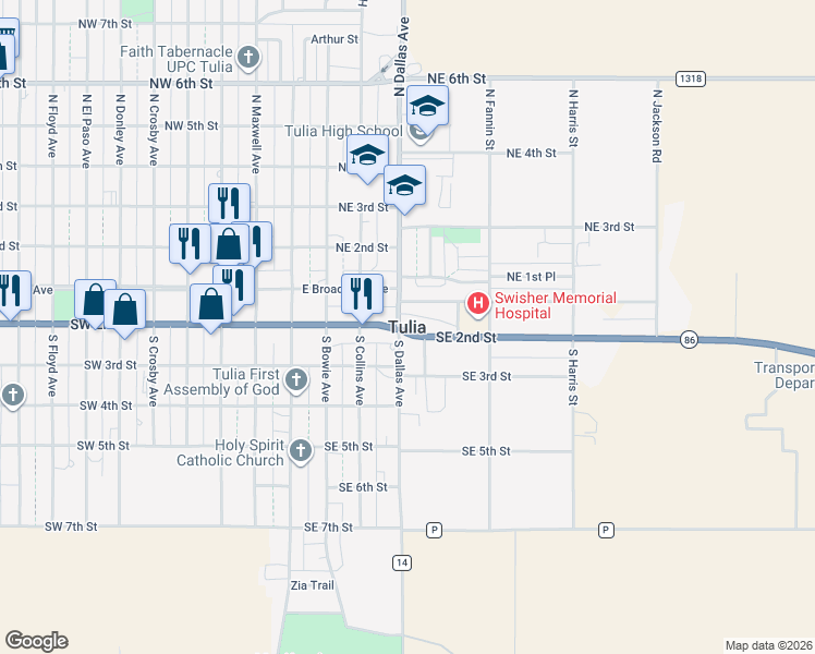 map of restaurants, bars, coffee shops, grocery stores, and more near in Tulia