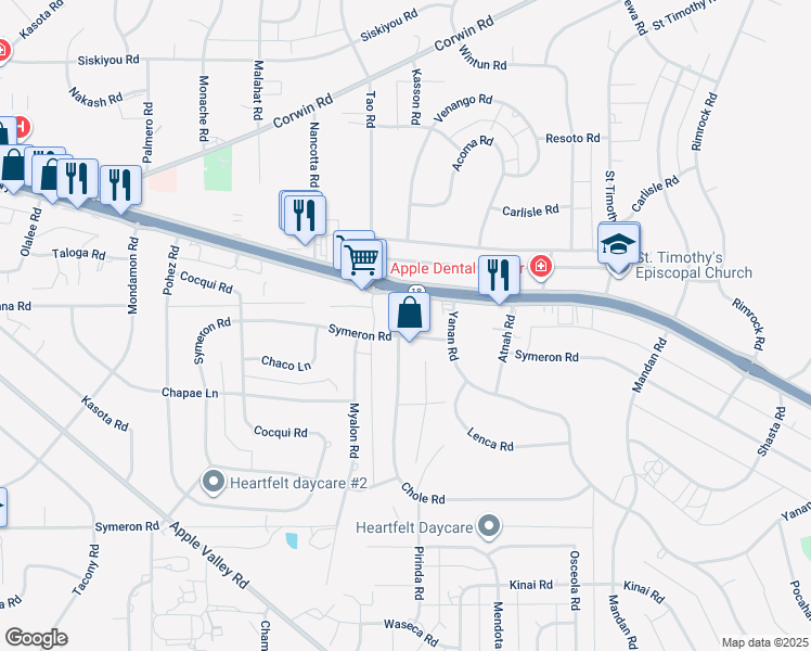 map of restaurants, bars, coffee shops, grocery stores, and more near 18962 Symeron Road in Apple Valley