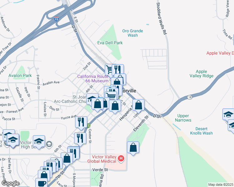map of restaurants, bars, coffee shops, grocery stores, and more near 15618 7th Street in Victorville