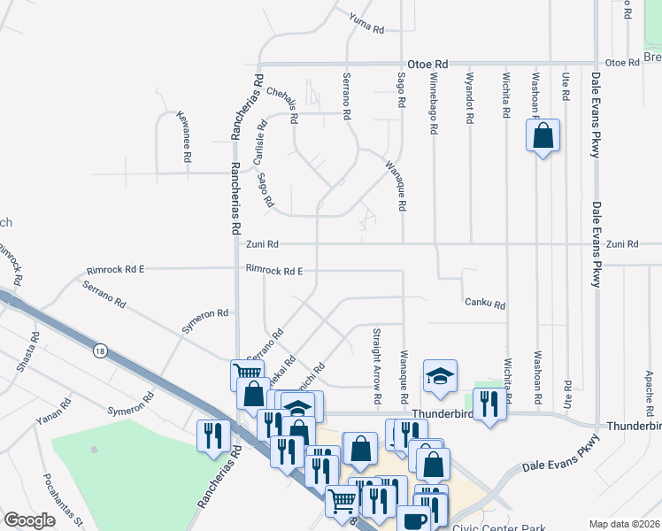 map of restaurants, bars, coffee shops, grocery stores, and more near 20348 Rimrock Road East in Apple Valley
