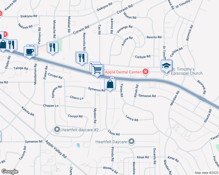 map of restaurants, bars, coffee shops, grocery stores, and more near 18962 Symeron Road in Apple Valley