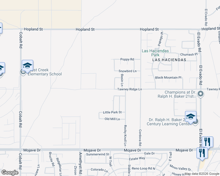 map of restaurants, bars, coffee shops, grocery stores, and more near Tawney Ridge Lane in Victorville