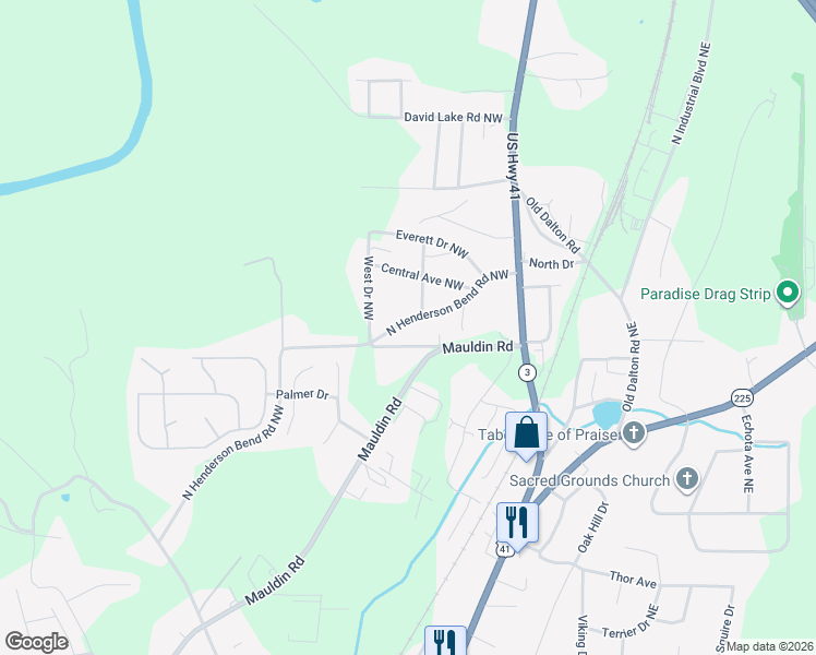 map of restaurants, bars, coffee shops, grocery stores, and more near 250 North Henderson Bend Road Northwest in Calhoun