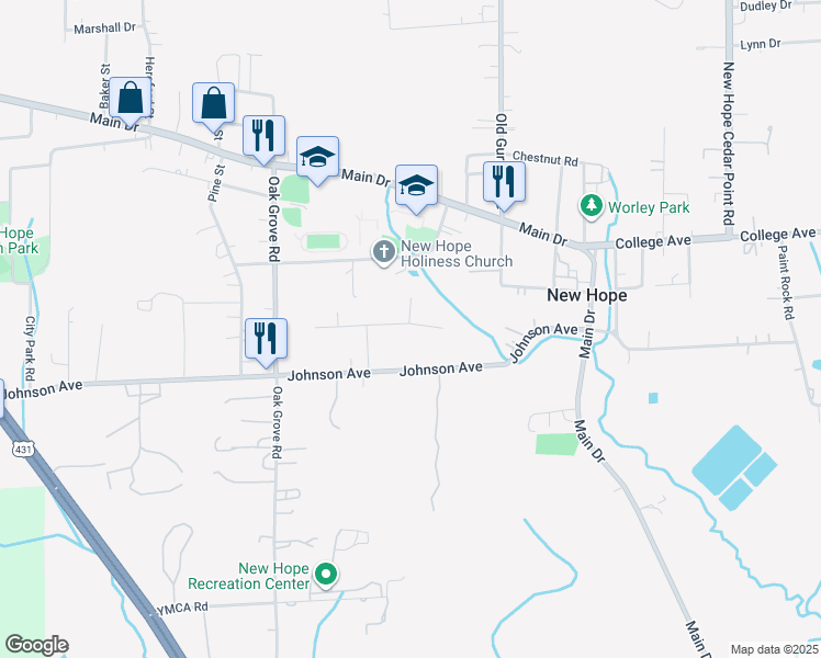 map of restaurants, bars, coffee shops, grocery stores, and more near 1205 Johnson Avenue in New Hope