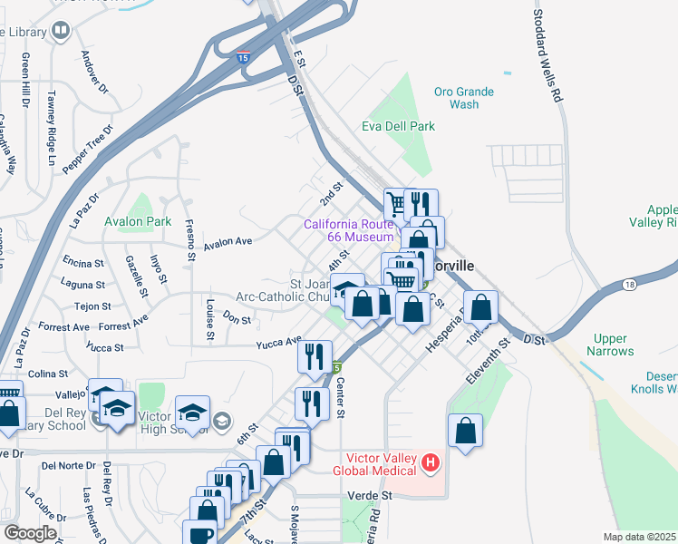 map of restaurants, bars, coffee shops, grocery stores, and more near 15538 5th Street in Victorville