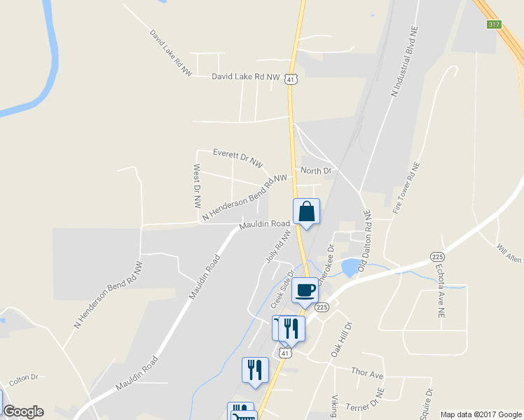 map of restaurants, bars, coffee shops, grocery stores, and more near 126 Colony Drive Northwest in Calhoun
