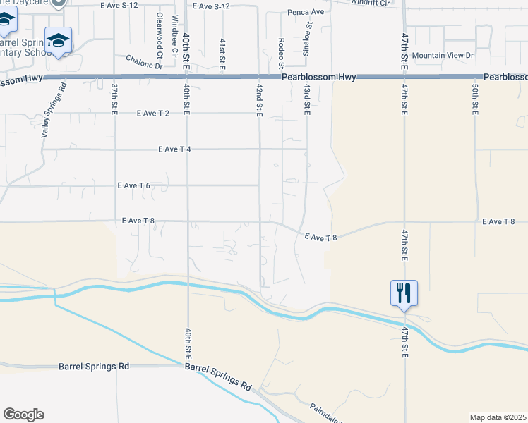 map of restaurants, bars, coffee shops, grocery stores, and more near 36014 42nd Street East in Palmdale