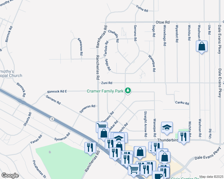map of restaurants, bars, coffee shops, grocery stores, and more near 20188 Rimrock Road East in Apple Valley