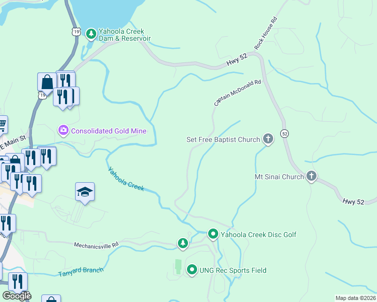 map of restaurants, bars, coffee shops, grocery stores, and more near 144 Captain McDonald Road in Dahlonega