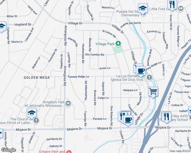 map of restaurants, bars, coffee shops, grocery stores, and more near Burwood Road in Victorville