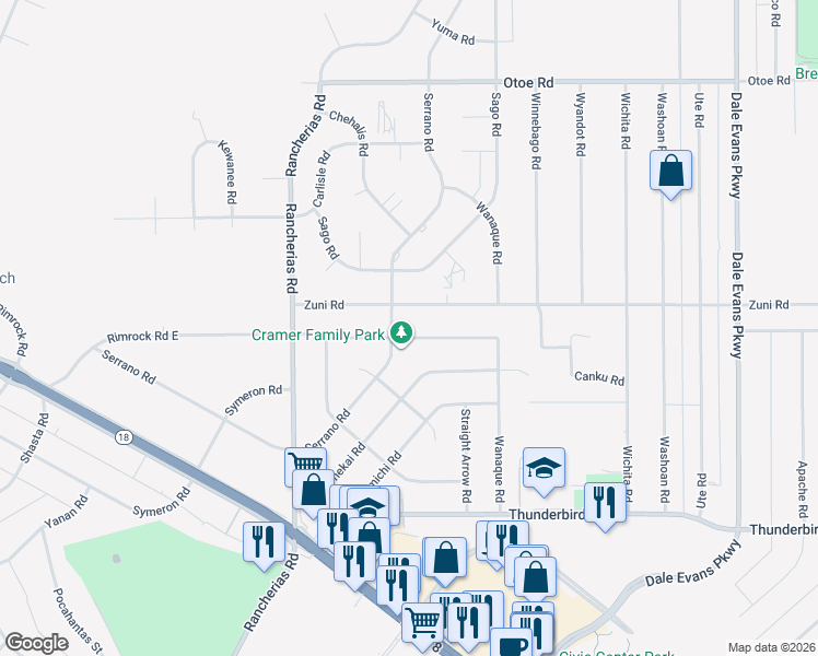 map of restaurants, bars, coffee shops, grocery stores, and more near 20348 Rimrock Road East in Apple Valley
