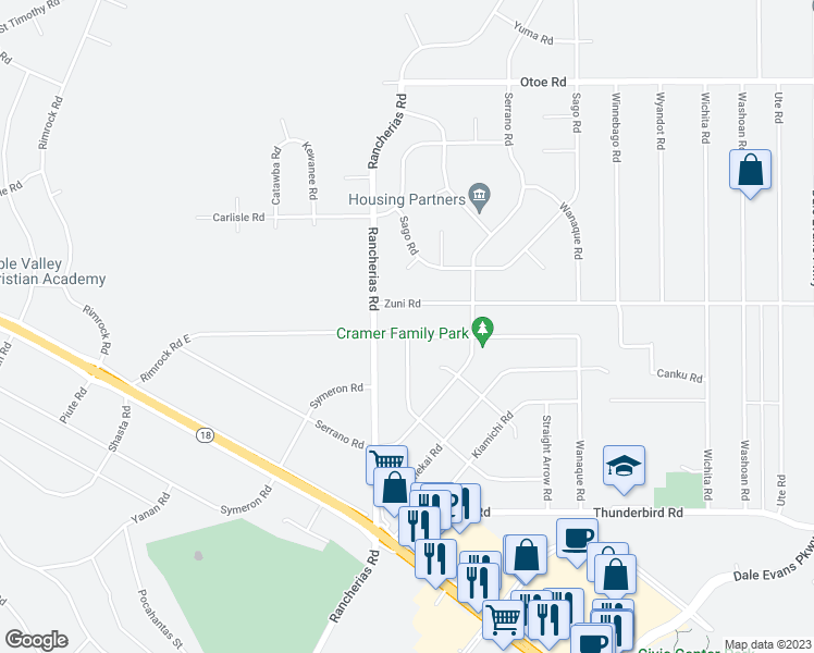 map of restaurants, bars, coffee shops, grocery stores, and more near 20130 Rimrock Road East in Apple Valley