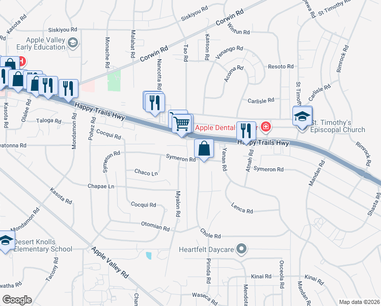 map of restaurants, bars, coffee shops, grocery stores, and more near 18890 Symeron Road in Apple Valley