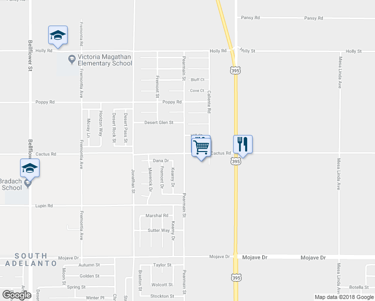 map of restaurants, bars, coffee shops, grocery stores, and more near 15710 Ox Hill Court in Adelanto