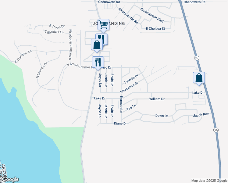 map of restaurants, bars, coffee shops, grocery stores, and more near 3128 Erwin Lane in Lake Havasu City