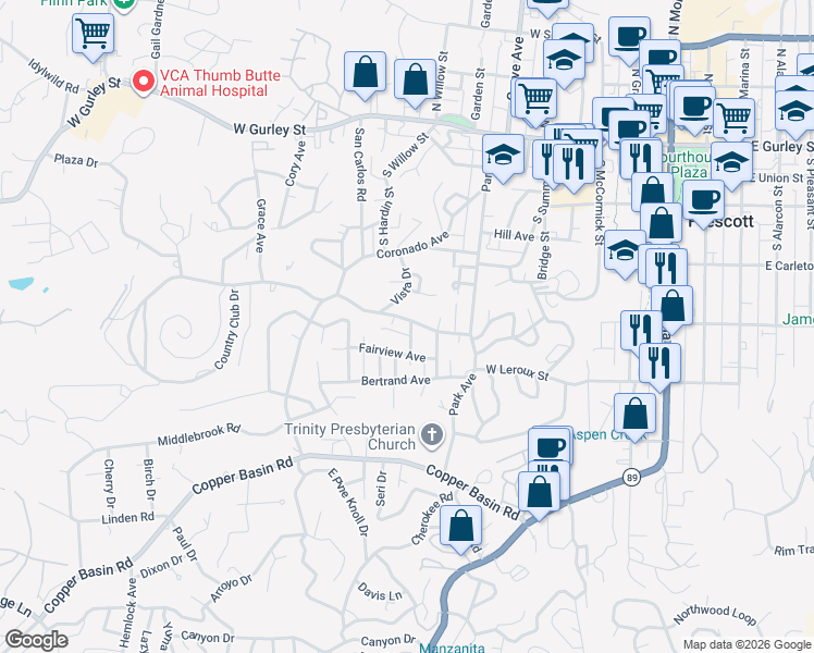 map of restaurants, bars, coffee shops, grocery stores, and more near 801 Country Club Drive in Prescott