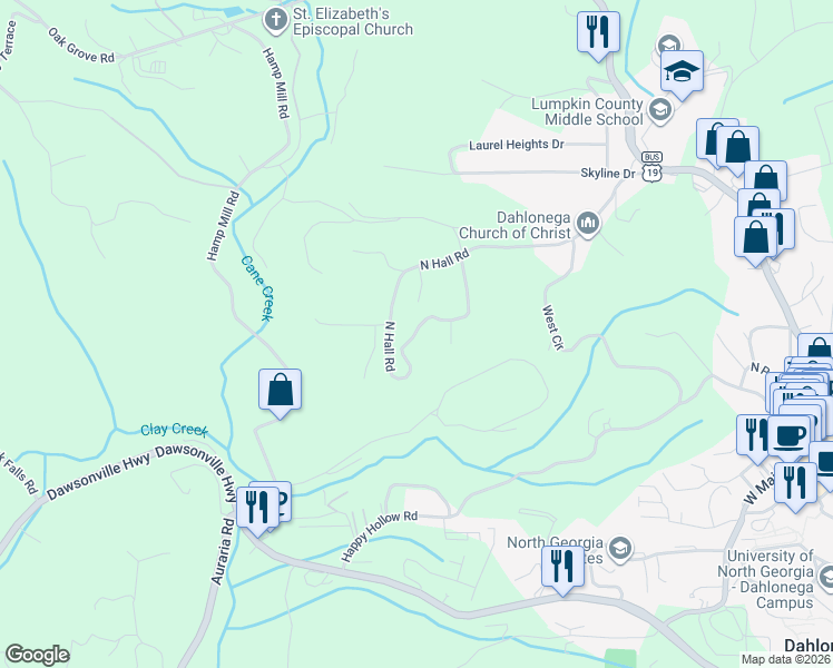 map of restaurants, bars, coffee shops, grocery stores, and more near 273 Housley Drive in Dahlonega