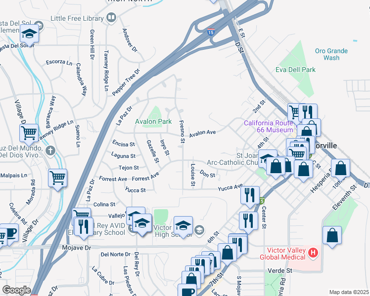 map of restaurants, bars, coffee shops, grocery stores, and more near 15699 Fresno Street in Victorville