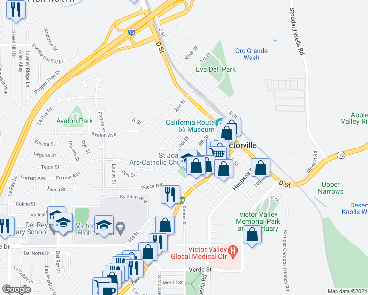 map of restaurants, bars, coffee shops, grocery stores, and more near 15521 4th Street in Victorville